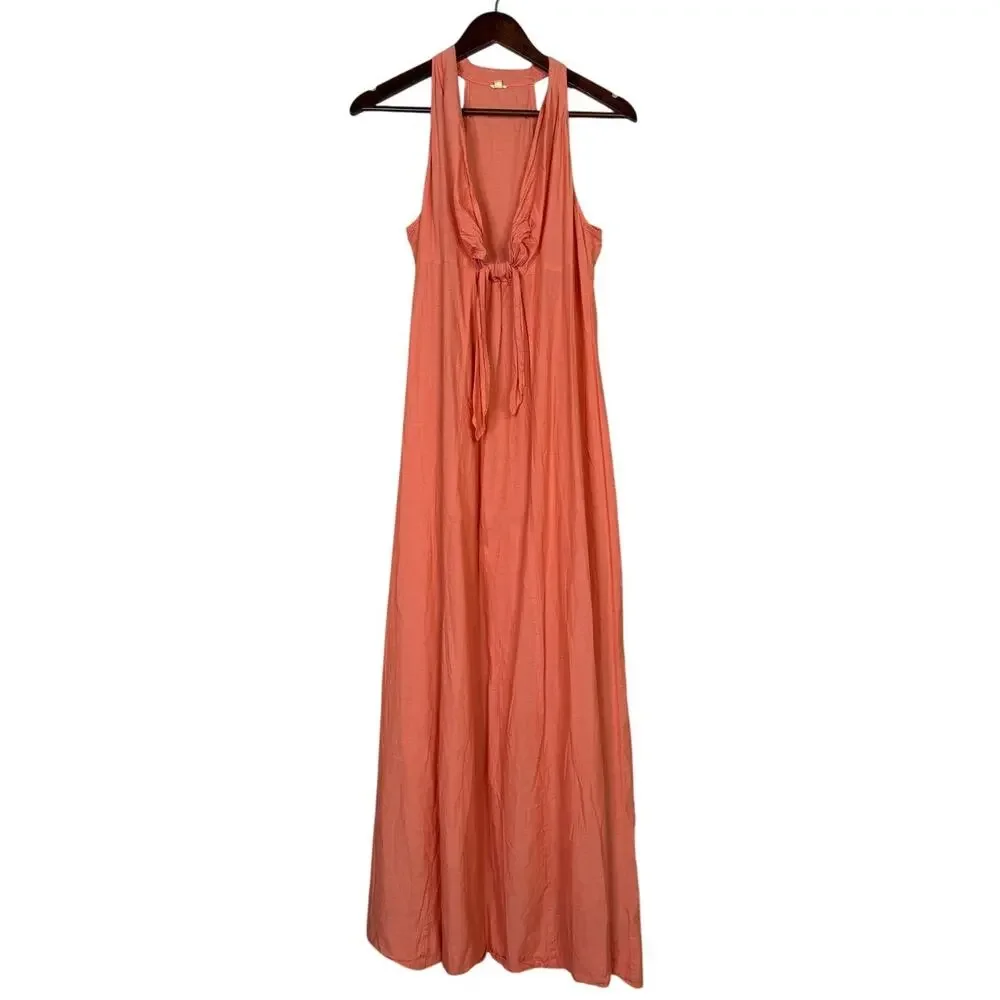 J.Crew Chambray  Sleeveless Halter Tie Front Maxi Dress VNeck Lightweight Salmon